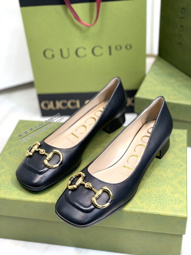 gucci女士羊皮鞋單鞋 古馳爆款網紅早春馬銜扣新款粗跟復古鞋 dx2886